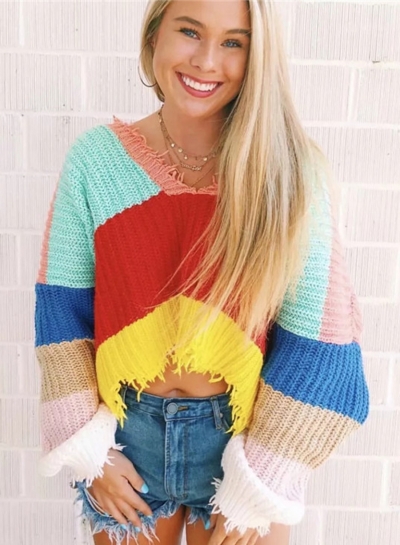 Multi Sexy Oversize Striped Color Block V Neck Long Sleeve Crop Top Sweater zecalaba.com