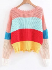 Multi Sexy Oversize Striped Color Block V Neck Long Sleeve Crop Top Sweater