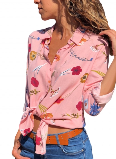 Pink Floral Print Long Sleeve Turn-Down Collar Loose Button Down Shirt zecalaba.com