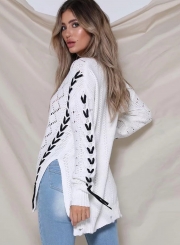 White Round Neck Long Sleeve Lace-Up Hollow Out Slit Loose Sweater