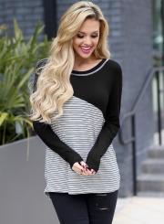 Black Casual Striped Round Neck Long Sleeve Loose Pullover Tee