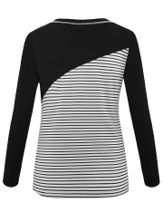 Black Casual Striped Round Neck Long Sleeve Loose Pullover Tee