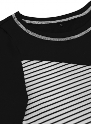 Black Casual Striped Round Neck Long Sleeve Loose Pullover Tee