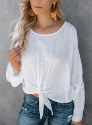 White Round Neck Long Sleeve Bow Tie Loose Pullover Blouse