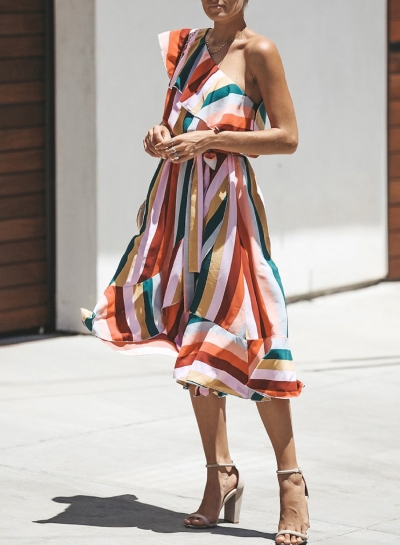 Casual Striped One Off Shoulder Sleeveless Ruffle Irregular Midi Dress