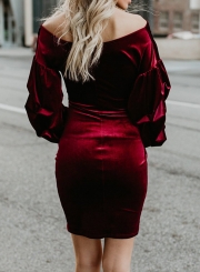 Burgundy Sexy Off Shoulder Lantern Sleeve Irregular Solid Color Bodycon Mini Dress