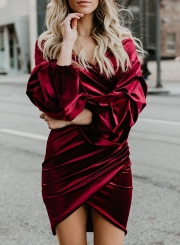 Burgundy Sexy Off Shoulder Lantern Sleeve Irregular Solid Color Bodycon Mini Dress