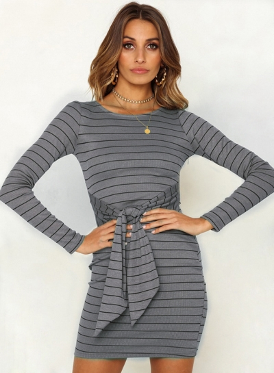 Casual Striped Round Neck Long Sleeve Waist Tie Pullover Bodycon Dress zecalaba.com