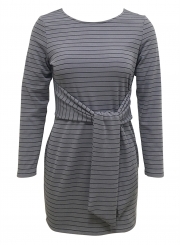 Casual Striped Round Neck Long Sleeve Waist Tie Pullover Bodycon Dress