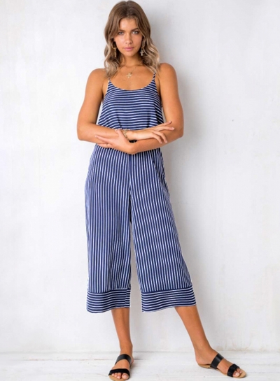 Blue Striped Spaghetti Strap Round Neck Backless Wide Leg Jumpsuit YOYOTSHOP.com