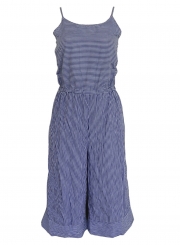 Blue Striped Spaghetti Strap Round Neck Backless Wide Leg Jumpsuit