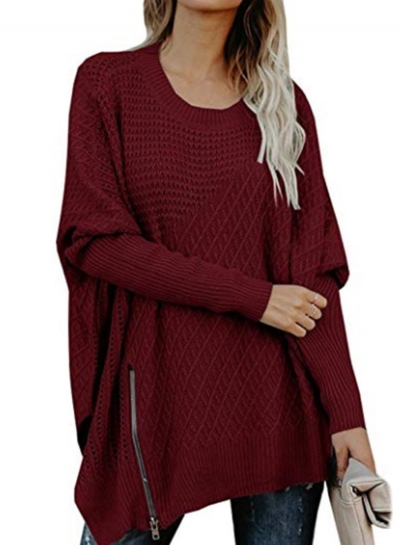 Round Neck Long Sleeve Loose Side Zip Hollow Out Solid Color Sweater zecalaba.com