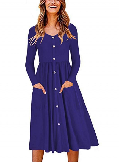 Long Sleeve Casual Button Down Loose Swing Dress With Pockets zecalaba.com