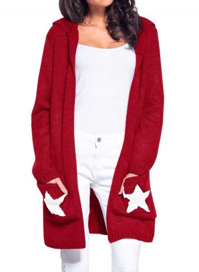 Casual Long Sleeve Star Pattern Open Front Hooded Chunky Cardigan zecalaba.com