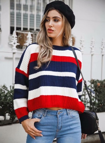 Red Casual Striped Long Sleeve Round Neck Loose Sweater zecalaba.com