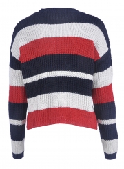 Red Casual Striped Long Sleeve Round Neck Loose Sweater