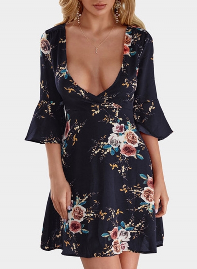 Navy Fashion Sexy Floral Printed Flare Sleeve V Neck High Waist Midi Dress lonhooker.com