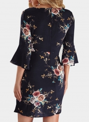 Navy Fashion Sexy Floral Printed Flare Sleeve V Neck High Waist Midi Dress