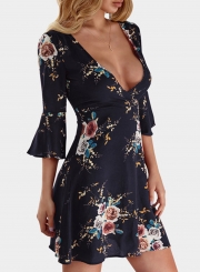 Navy Fashion Sexy Floral Printed Flare Sleeve V Neck High Waist Midi Dress