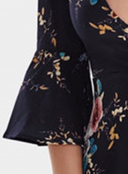 Navy Fashion Sexy Floral Printed Flare Sleeve V Neck High Waist Midi Dress