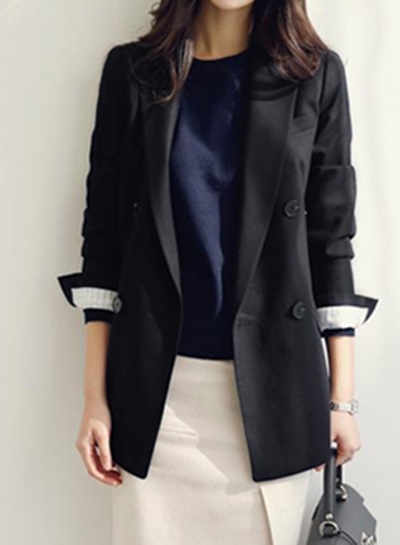 Black Casual Long Sleeve Turn-Down Collar Slim Solid Pockets Suit Blazer zecalaba.com
