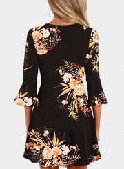 Black Fashion Sexy Floral Printed Flare Sleeve V Neck High Waist Midi Dress