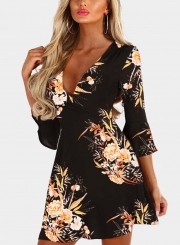 Black Fashion Sexy Floral Printed Flare Sleeve V Neck High Waist Midi Dress