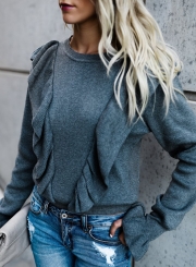 Casual Long Sleeve Paneled Ruffle Sweater