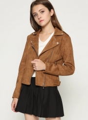 Short Soft Zip up Faux Suede Biker Moto Jacket