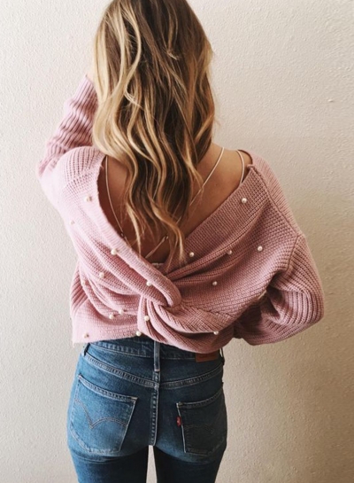 Criss Cross Pullover Oversized Jumper Pearl Casual Sweater zecalaba.com