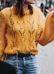 Yellow Hollow Out Lantern Sleeve Pullover Sweater