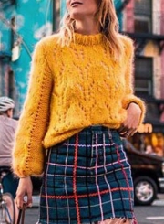 Yellow Hollow Out Lantern Sleeve Pullover Sweater