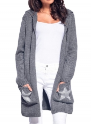 Casual Long Sleeve Star Pattern Open Front Hooded Chunky Cardigan