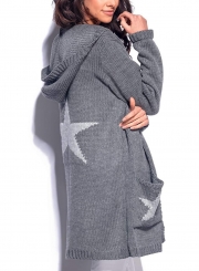 Casual Long Sleeve Star Pattern Open Front Hooded Chunky Cardigan