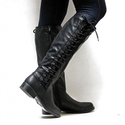 Leatherette Lace-Up Straight Boots zecalaba.com