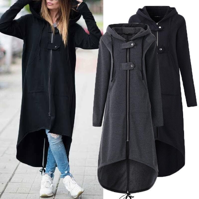 Hooded Sweatshirt Dress Zipper Asymmetrisch Long Coat