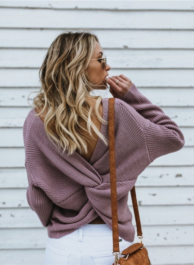 Cross Back V-neck Backless Long Sleeve Oversized Casual Pullover Sweater modvogues.com