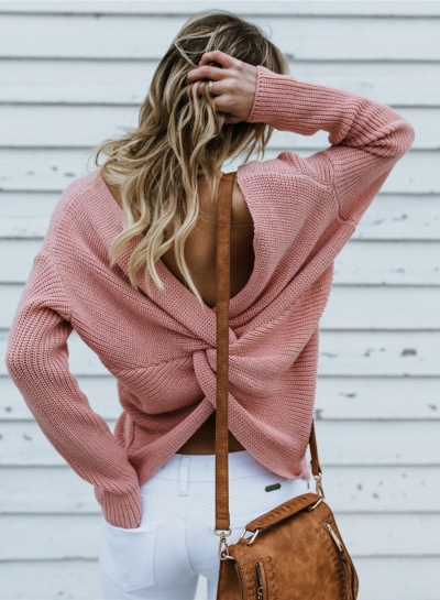 Cross Back V-neck Backless Long Sleeve Oversized Casual Pullover Sweater zecalaba.com