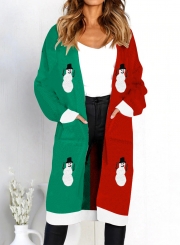 Christmas Snowman Deer Printed Leopard Pocket Cardigan Sweater