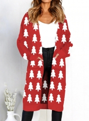 Christmas Snowman Deer Printed Leopard Pocket Cardigan Sweater