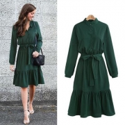 Long Sleeve Tie Waist lace Up Shirt Dress