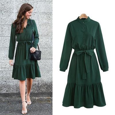 Long Sleeve Tie Waist lace Up Shirt Dress zecalaba.com