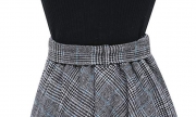 Elastic Waist Belted Cotton Plaid Midi Skirt