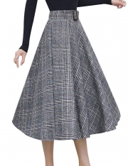 Elastic Waist Belted Cotton Plaid Midi Skirt