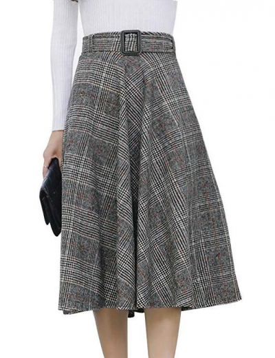 Elastic Waist Belted Cotton Plaid Midi Skirt zecalaba.com