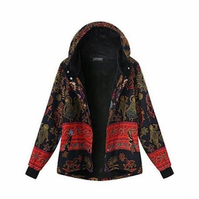 Plus Size Ethnic Boho Print Warm Flannel Inner Cotton Padded Hoodie YOYOTSHOP.com