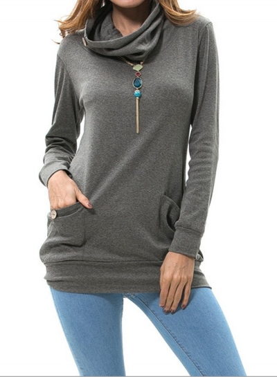 Casual High Neck Long Sleeve Slim Pullover Sweatshirt With Pockets zecalaba.com