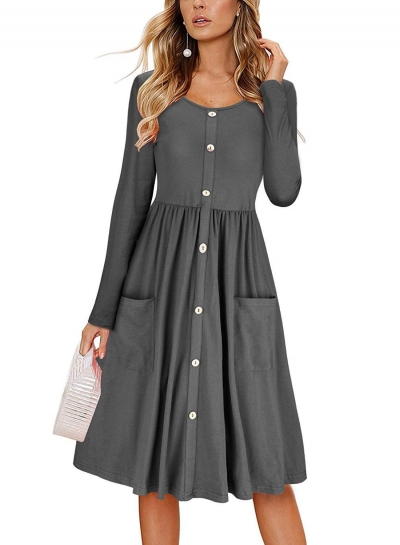 Long Sleeve Casual Button Down Loose Swing Dress With Pockets zecalaba.com