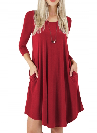 Round Neck Long Sleeves A-line Casual Dress With Pocket