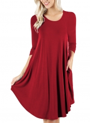 Round Neck Long Sleeves A-line Casual Dress With Pocket